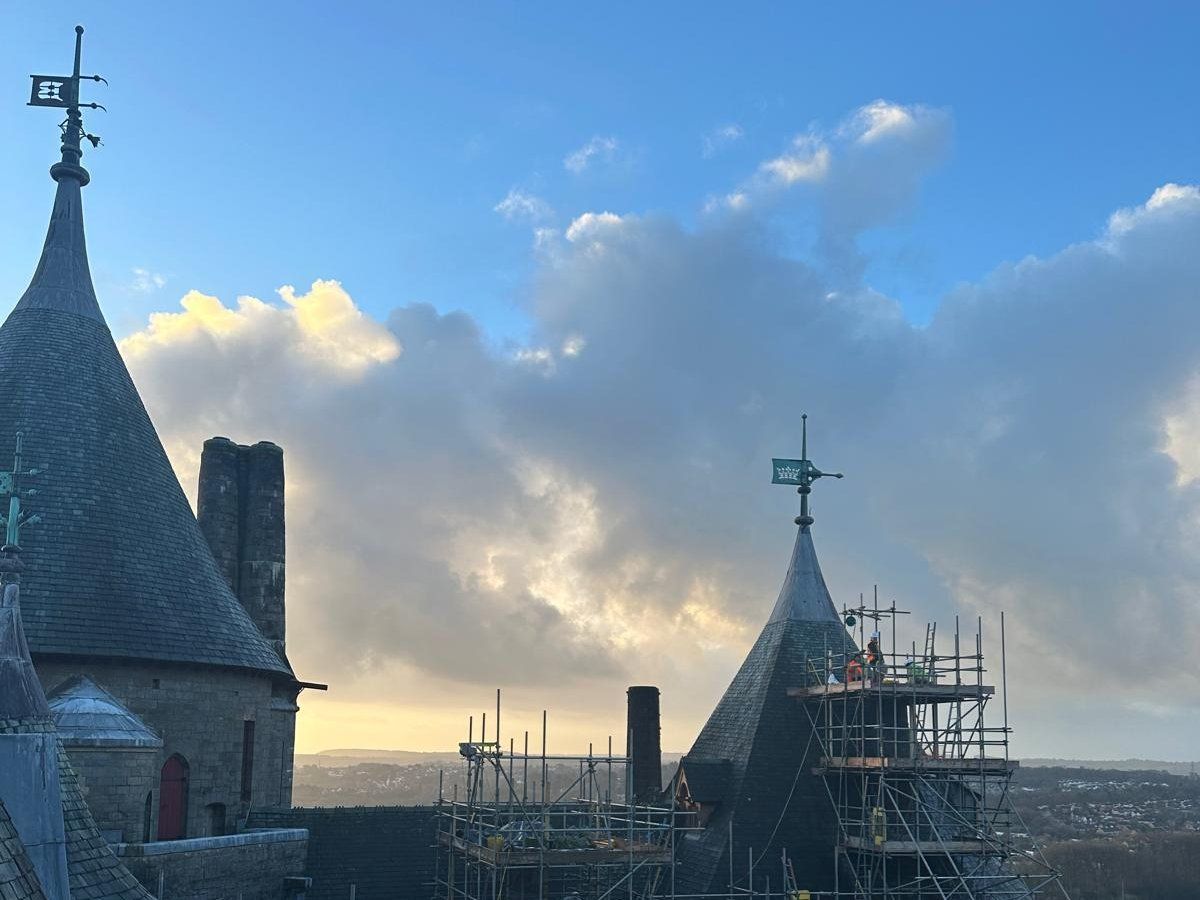 Castell Coch towers under scaffold during masonry repairs, Cardiff